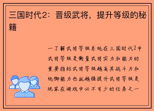 三国时代2：晋级武将，提升等级的秘籍
